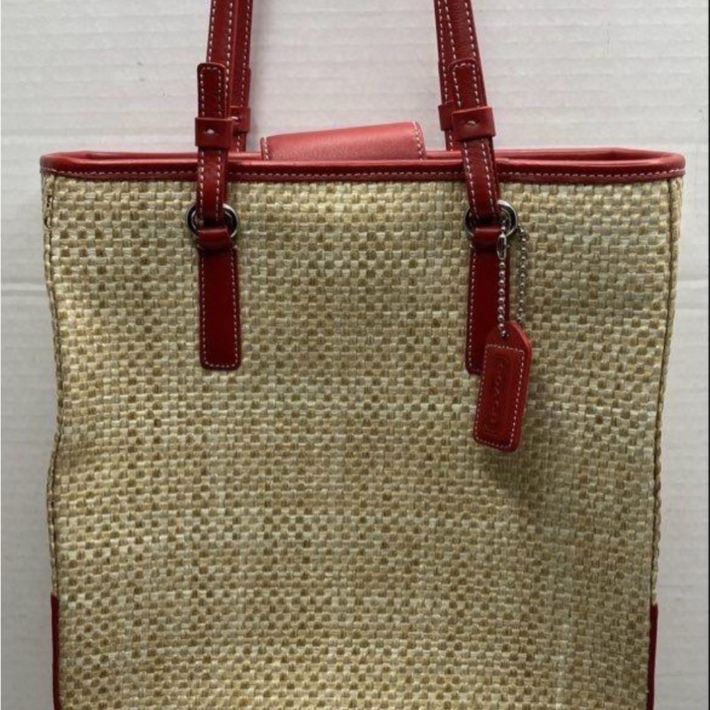 Coach Straw Tote with Red Leather Trim - Picture 3 of 9